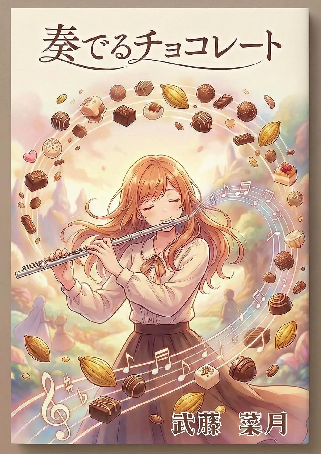 武藤菜月著『奏でるチョコレート』の表紙。フルートを吹く少女とチョコレートのイラスト